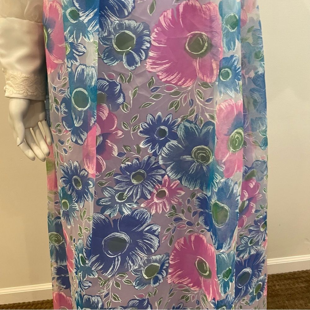 VINTAGE White Purple Blue & Pink Floral Print 60s 70s Belted Maxi Dress - Picture 10 of 15